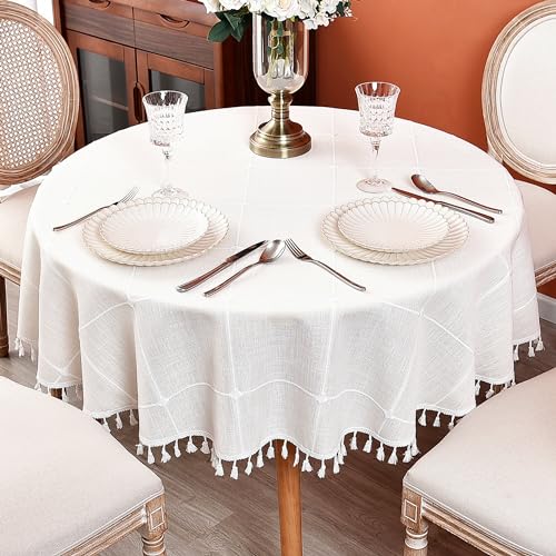 Plaid Round Tablecloth 60 Inch Cotton Linen Round Table Cloth - color: Off-white, size: 60" (Round)