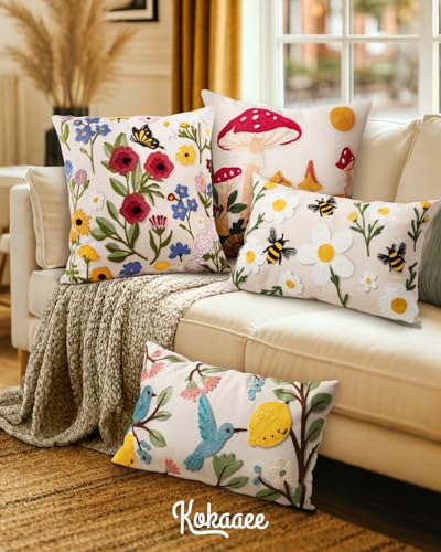 Embroidered Lumbar Pillow Cover 20x12 Inch, Bird Lemon - color: Bird Lemon, size: 20" x 12" (Pack of 1)