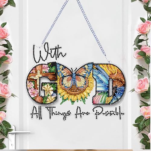 STGLCR DIY Butterfly Hanging Diamond Art Kit God, Acrylic Diamonds Painting Pendant Board Kit, 5D Gem Art Ornament Kit for Adults, Double Sided 7.8inch with God All Thing are Possible - color: God butterfly