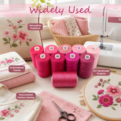 Sewing Thread 10 Color Sewing Industrial Purpose 1000 Yards Per Spool 40S/2 Polyester for DIY Sewing Machine,Embroidery Machine,Hand Sewing (Rose Red) - color: Rose Red