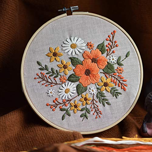 KISSBUTY Embroidery Kit with Pattern, Bamboo Hoop, Color Threads, Floral Pattern (Flowers), for Kid