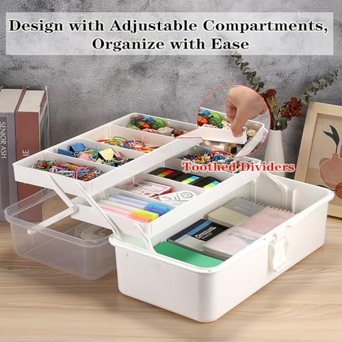 Tackle Box, 16-Inch Extra Large Art Storage Box with 3-Layer Folding Trays - color: White