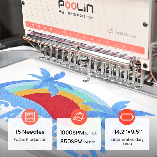 Poolin EOM 15-Needle Embroidery Machine | Starter Plus Bundle – Includes 40 Thread Kit, 144pcs Bobbins, Cut Away & Tear Away Stabilizers, Tool Set