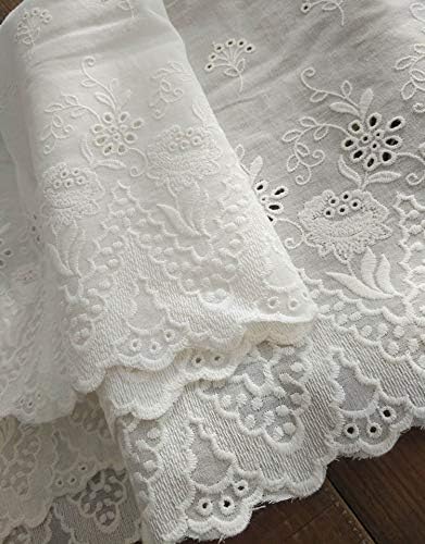 IRIZ Lace Embroidery 2 Yards of 10.6 inches Width Premium Vintage Floral Embroidery Eyelet Cotton Lace Fabric Trim