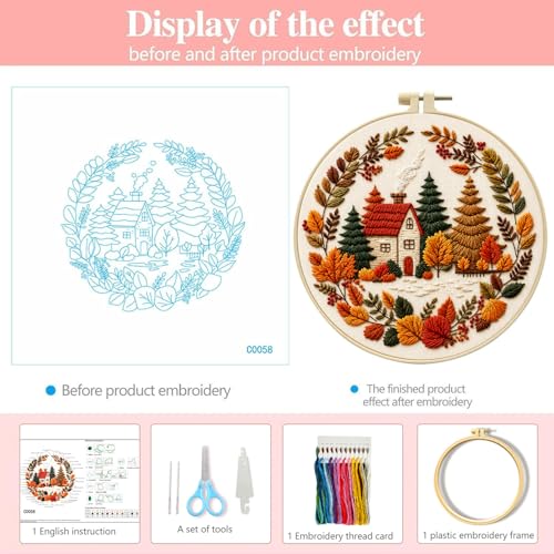 Zhenqing Autumn Cottage Squirrel Embroidery Kit for Beginners, Woodland Cottage Needlework Craft, Printed Fabric with Hoop, Threads & Full Tools, Fall Home Decor DIY Project, 29x29cm (C0058) - color: Autumn Woodland Cottage