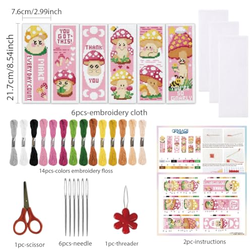 ORIGACH 6 Set Pink Mushroom Cross Stitch Bookmark Kit for Beginner - style: Mushroom