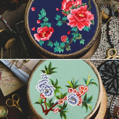 FONNUY 2 Set Crewel Embroidery Kit for Beginners, Fantasy Floral Pre-Stamped Pattern Kits for Adults with Hoop, Easy to Follow Needlework, 8'' (Red)