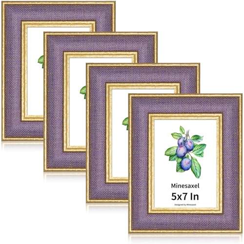 5x7 Picture Frame - Lavender Purple Fabric & Vintage Gold Border HD Real Glass with Easel for Tabletop/Wall (Family Photos, Calm Decor 4 Pack) - color: Purple-4pcs, size: 5x7