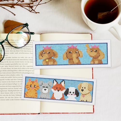 INFUNLY 6PCS Horizontal Animals Cross Stitch Bookmarks Kits 3×8.5inch Brave Penguin Stamped Embroidery Bookmark Set Pets Cats Dogs Needlepoint Bookmark Kit with Instruction for Book Lovers Writer - style: Horizontal Animals