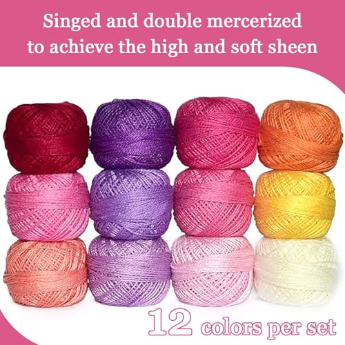 Double Mercerized Egyptian Long Staple Cotton Pearl Thread Ball 10 Grams Rainbow Color Embroidery Thread 12 Colors per Box for Crochet Hardanger Cross Stitch Hand Embroidery,redpurple Series - color: redpurple series
