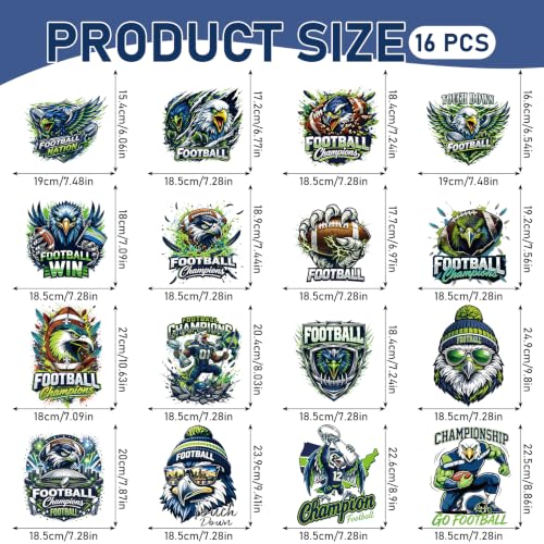 Dazoratix Football Iron on Transfers - 16 Sheets Sport DTF Ready to Press Bulk Heat Patches Game Day Sticker Rugby Ball Lovers Vinyl Decal for T Shirts Clothing Pillow Bag Hat DIY Crafts Decorations - style: Football