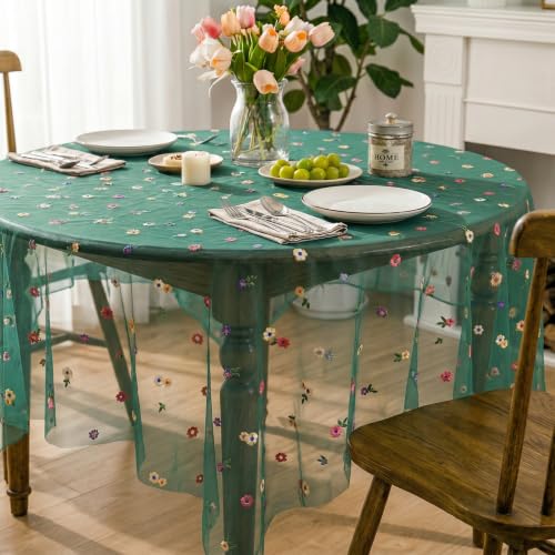 Horaldaily Christmas Green Embroidery Tablecloth, 60×60 Inch Square - color: Deep Green, size: 60" x 60" (Square)
