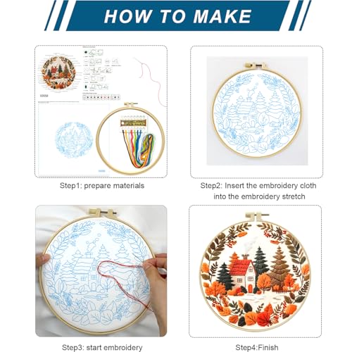 Zhenqing Autumn Cottage Squirrel Embroidery Kit for Beginners, Woodland Cottage Needlework Craft, Printed Fabric with Hoop, Threads & Full Tools, Fall Home Decor DIY Project, 29x29cm (C0058) - color: Autumn Woodland Cottage
