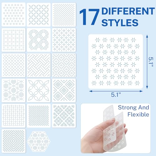 Sashiko Kit, Includes Sashiko Thread, 100% Cotton Fabric, Needle, Thimble, Threader, and Sashiko Pattern Template. Ideal for Sewing Beginners, Mending, and Hand Quilting.