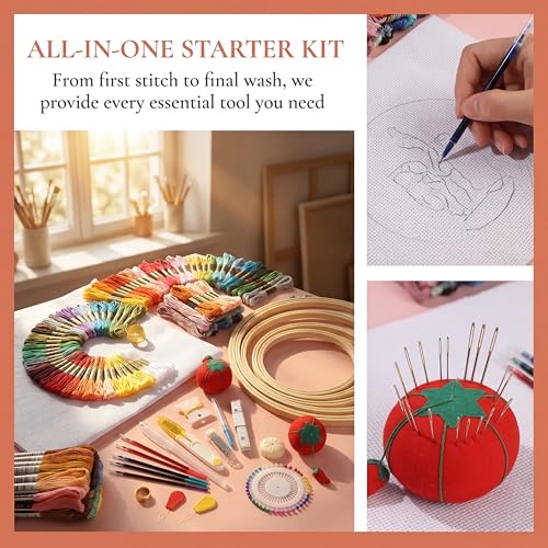 Huacan Embroidery Kit 204 Pcs,100 Colors Threads, 5 Pcs Embroidery Hoops,3 Pcs Aida Cloth, Cross Stitch Tools and Embroidery Starter Kit for Adults and Beginners
