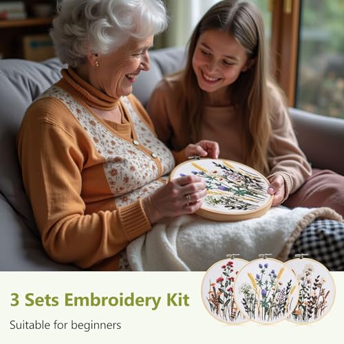 Santune 3 Pack Embroidery Kit for Beginners, Needlepoint Cross Stitch Kits for Adults,Needle Point Sets with Stamped Wild Flower Pattern Stitch Video Tutorial - color: Wild Flower Patterns