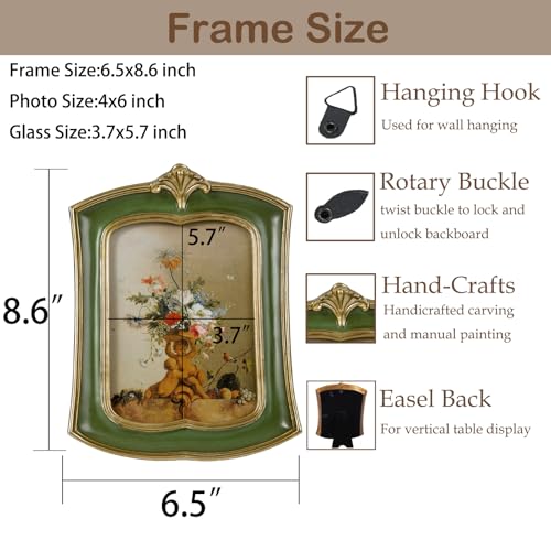 Vintage Picture Frame 4x6 Antique Ornate Photo Frame Tabletop and Wall Hanging Old-Fashioned Style, Decorative Retro Design Home Decor, Photo Gallery, Art, Green - color: Green, size: 4x6
