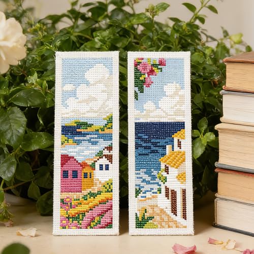 INFUNLY 6pcs Scenery Cross Stitch Bookmark Kit DIY Beach Stamped Embroidery Bookmark Kits 8.7×3.2" Mountain Needlepoint Kit with Instruction Town Easy Cross Stitch Kits for Book Lovers Readers - style: Scenery