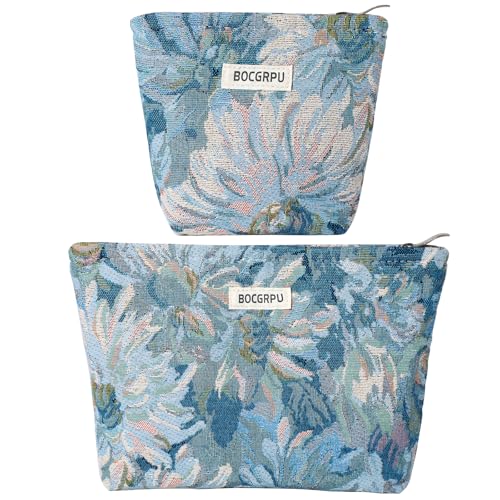 2 Pcs Aesthetic Oil Painting Blue Floral Cosmetic Bag Travel Makeup Pouch - color: Flower Blue