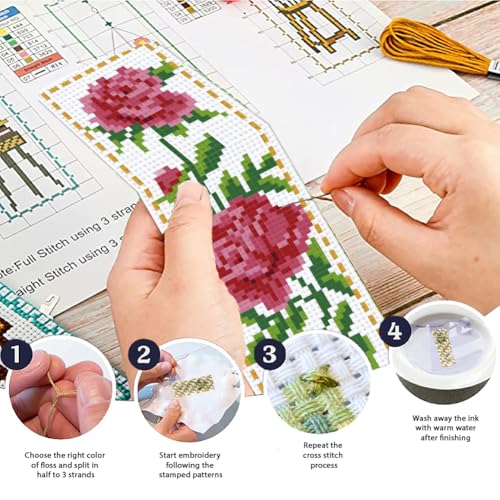 ACRNIGHEET 6PCS Cross Stitch Bookmark Kit for Beginner Flower Pattern Stamped Cross Stitch Kits for Adults Crossstitch Kits Adult Bookmarks with Instructions Hand Embroidery Craft Gift 8''x2.4'' 11CT - style: Floral patterns 1