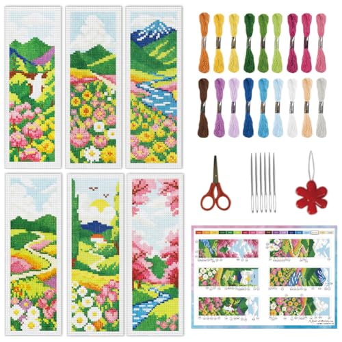 INFUNLY 6 Set Spring Scenery DIY Cross Stitch Bookmark Kits for Adults Wildflowers Counted Cross Stitch Kit with Instructions Landscape Stamped Embroidery Bookmark Kit for Book Lovers Readers Gift - style: Spring Scenery