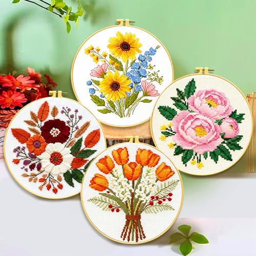 Zhenqing 4-Piece Floral Cross Stitch Kit for Beginners - Complete Set with Pre-Printed 11CT 24x24cm Fabric, Hoop, Threads & Tools (Sunflower, Peony, Tulip Designs)(70362) - color: 70362