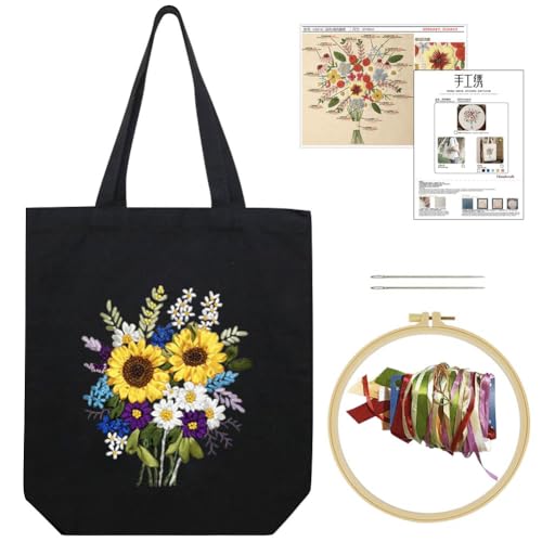 KABAKE Canvas Tote Bag Embroidery Silk Ribbon Kit for Beginners, Arts and DIY Crafts Starter Kit, Includes Stamped Bag, Threads, Tools (Black with Sunflower) - color: Black Bag with Sunflower