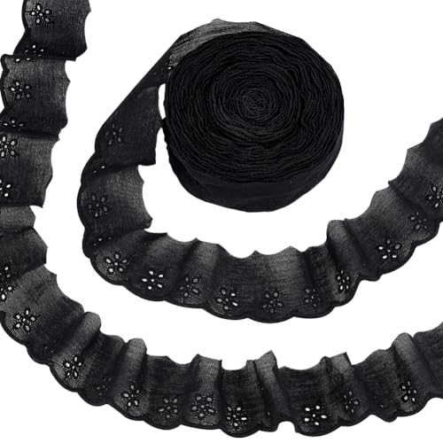 FINGERINSPIRE 15 Yards Cotton Lace Trim 1-5/8 inch Black Cotton Eyelet Lace Ribbon Floral Embroidery Ruffle Lace Trim Wavy Edge Floral Cotton Lace Ribbon for Sewing Dresses Clothes Bag Pets Clothes - color: Black