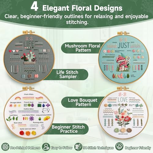 Bofoho 4 Pack Starter Embroidery Kit for Beginners with Simple Patterns - color: 4 Pack