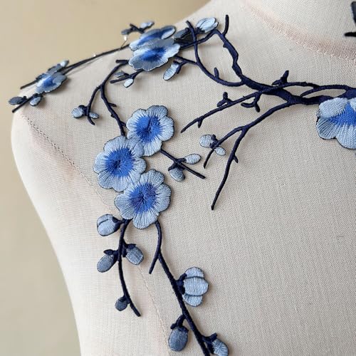 2pcs Iron on Plum Flower Applique Blue Color Embroidery Vine of Floral for Clothing,Costumes - color: Blue