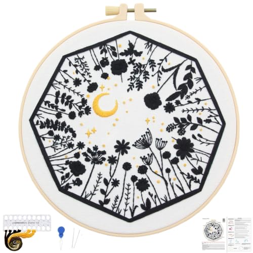 Mystical Embroidery Kits for Beginners Adults, Moon Wild Flowers Embroidery Starter Kit, Floral Stamped Cross Stitch Kits Needlepoint Kits for Beginners Adults, Embroidery Hoop, Thread, Video Tutorial - color: H2122