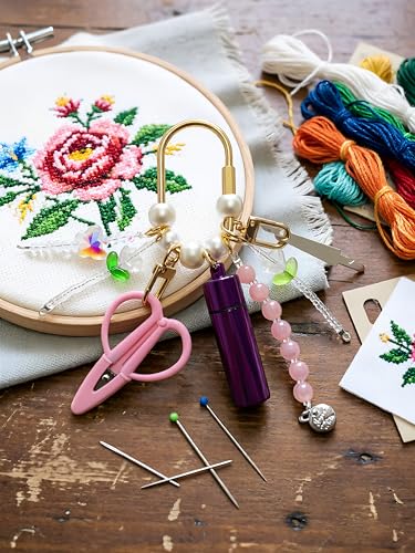 MEYAGO Needlepoint Bag Charm Tool Kit with Mini Embroidery Scissors, Needle Threader, Needle Holder Tube & Gold Keyring, Portable Embroidery Accessories for Cross Stitch Sewing DIY Crafts (Pink) - color: Pink