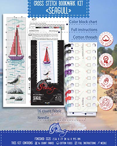 Povitrulya Seagull Cross Stitch Bookmark - Seaside Beach Embroidery Set with Paper Pattern, 16 Count Aida Cloth and Pre-Sorted Floss - color: Seagull