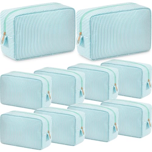 Sanwuta 10 Pcs Seersucker Cosmetic Bag Seersucker Makeup Bag Women Stripe Large Travel Toiletry Organizer Preppy Storage Pouch for Embroidery Wedding Bridesmaid Bride Mom (Mint Green) - color: Mint Green