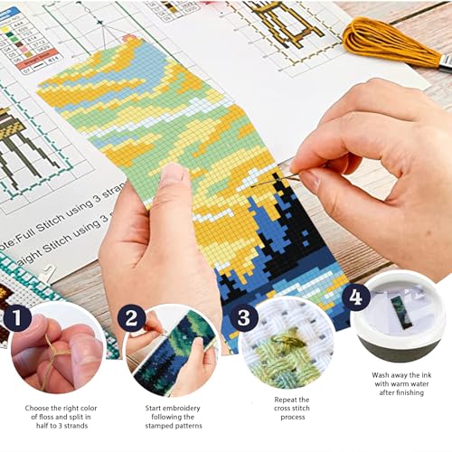 ACRNIGHEET 6PCS Stamped Cross Stitch Bookmark Kits for Beginners Scenery - style: Landscape Patterns 1