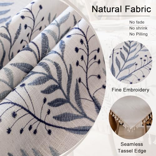 Joyfol Day Rustic Waterproof Linen Tablecloth, Heavy Weight Fern Embroidery Table Cloths for Rectangle Tables, Farmhouse Spill-Proof Table Covers with Tassels, Blue 55''x 86'' - color: Blue Fern, size: 86" x 55" (Rectangular)