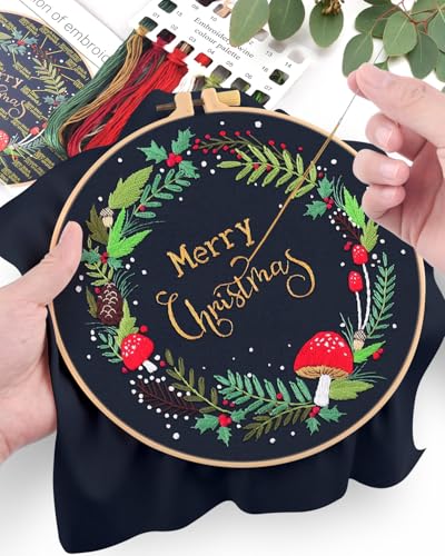 ERKOON Christmas Embroidery Kit for Beginners, Cross Stitch Set for Include Embroidery Cloth Hoops Threads for Craft Lover Hand Stitch with Embroidery Skill Techniques (Christmas Wreaths) - color: Christmas Wreaths