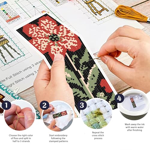 FREEBLOSS 6 Set Cross Stitch Bookmark Kits 8"x2.4" Red Flowers on Black - style: Flat style