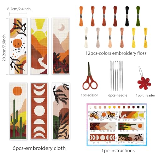 INFUNLY 6PCS Boho Cross Stitch Bookmark Kits 8''x2.4'' Landscape Bookmark Making Kit Moon Phases DIY Stamped Embroidery Bookmarks for Beginners with Instruction for Book Lovers Reader Writers Gift - style: Boho Landscape