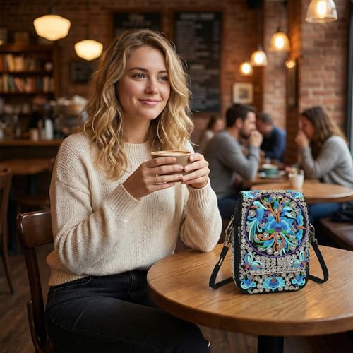 Embroidery Flowers Canvas Crossbody Bag, Women Messenger Bag, Cellphone Pouch Purse - color: Blue