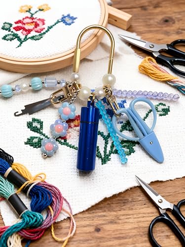 MEYAGO Needlepoint Bag Charm Tool Kit with Mini Embroidery Scissors, Needle Threader, Needle Holder Tube & Gold Keyring, Portable Embroidery Accessories for Cross Stitch Sewing DIY Crafts (Blue) - color: Blue