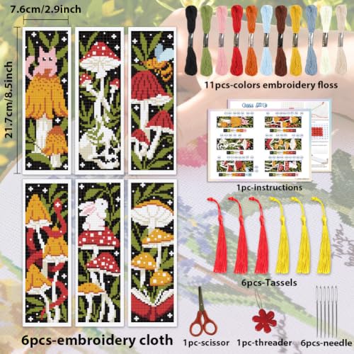 ACRNIGHEET 6PCS Cross Stitch Bookmark Kit for Beginner Stamped Cross Stitch Kits for Adults Mushroom DIY Tassel Embroidery Bookmark Kits Needlepoint Kit with Instructions Craft Gift 8.5''x3'' 11CT - style: Mushroon Animals with Tassel