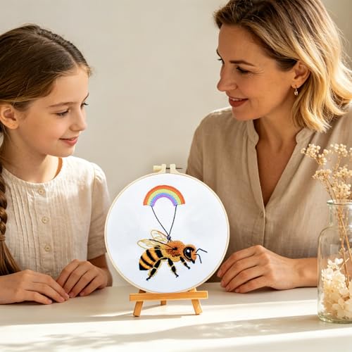 Crafmanoe Cute Bees Embroidery Kits for Beginners Adults, Hand Embroidery Starters Kits, Stamped Cross Stitch Kits DIY Needlepoint Kits for Beginners Adults, Embroidery Hoop, Thread and Video Tutorial - color: H2079