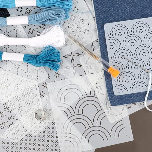 40 Pcs Sashiko Thread Kit, Cotton Thread and Needles Kit with Sashiko Patterns for Embroidery Projects Hand Quilting Mending Supplies