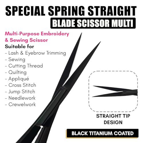 Cross Edge Spring Scissors 5 Inch straight Stainless Steel Precision Eyebrow & Eyelash Shaping & Trimming Scissor, Snips Squeeze, Embroidery, Knitting Micro Tip Craft Scissors (Black) - color: Cec-ss-03