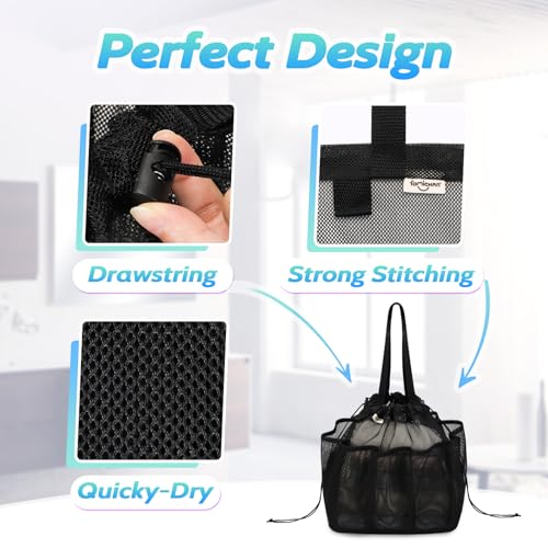 famichan Mesh Shower Caddy Portable with Drawstring, Dorm Room Essentials for College Students boy & girl, Larger Shower Bag for Camping,Swimming,Gym,Travel,Bathroom - Black - color: BLACK