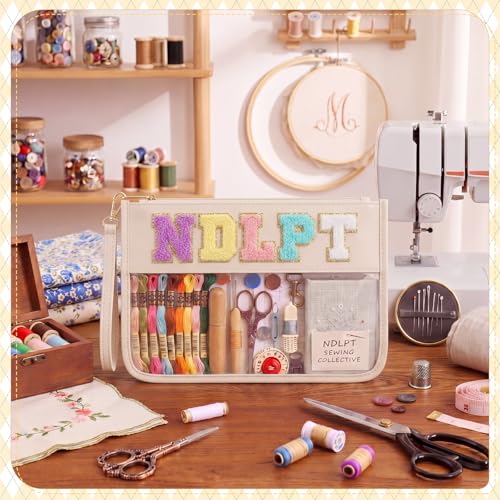Klyyo Clyro Needlepoint Project Bag Clear Embroidery Sewing Bag Sewing Craft Organizer Storage Chenille Letter Zipper Pouch for Quilting Embroidery Knitting Stitching Cross Stitch Crochet(Cream) - color: Cream