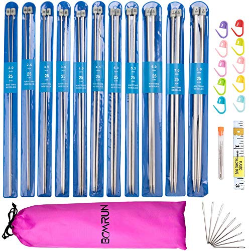 Knitting Needle Set, BCMRUN 22PCS 2mm(B)-8mm(L) Straight Single Pointed Stainless Steel Sweater Needles Set(11Pair-11 Size,9.8 inch) with Locking Stitch Makers Large-Eye Needles Measure Tape (25CM) - size: 25CM