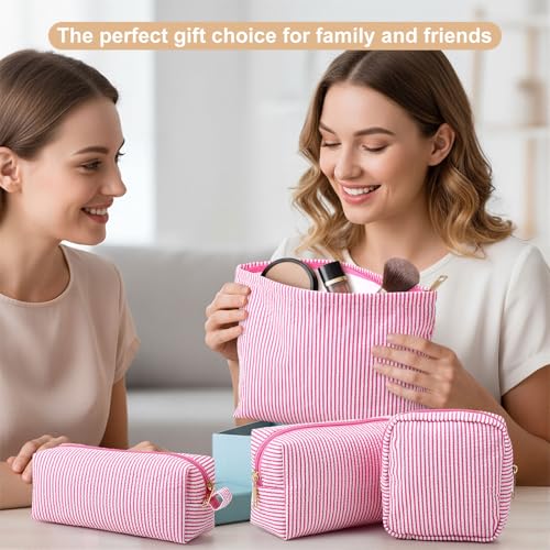 Sanwuta 4 Pcs Seersucker Pouch Striped Makeup Bag Set, Pink - color: Pink