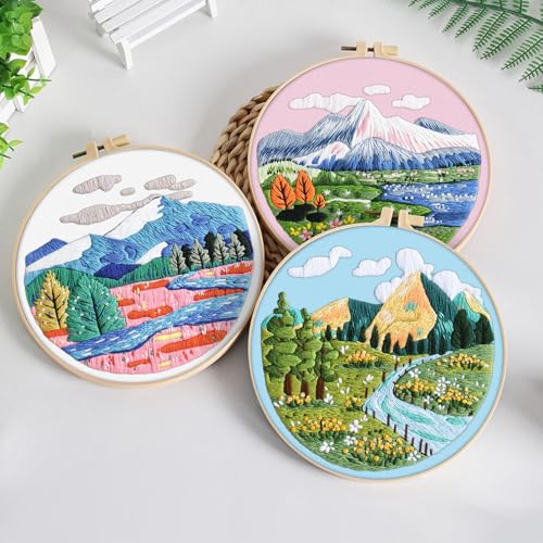 ERKOON 3 Sets Embroidery Kit, Floral Cross Stitch Set for Include Embroidery Cloth Hoops Threads for Craft Lover Hand Stitch (Landscapes) - color: Landscapes